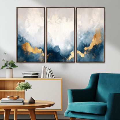 14578-MGV-FC-48X32-3P_Walnut-Abstract Wall Art – Modern Canvas Print Featuring Blue and White Clouds with Golden Accents, Contemporary Elegant Artwork for