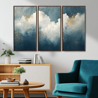 75131-MGV-CV-36X24-Abstract Cloud Wall Art – Modern Canvas Print Featuring Blue and White Clouds with Golden Accents, Contemporary Artwork for Living