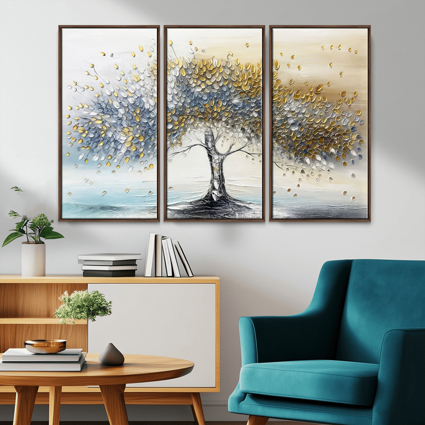 24771-MGV-CV-36X24-Silver Tree Wall Art Canvas Print, Framed Golden Leaves Art Picture Print, Metallic Tree Perfect Minimalist Luxury Decor Artwork