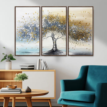 24771-MGV-CV-36X24-Silver Tree Wall Art Canvas Print, Framed Golden Leaves Art Picture Print, Metallic Tree Perfect Minimalist Luxury Decor Artwork