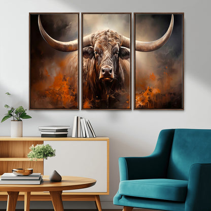 240479-MGV-CV-36X24-Longhorn Bull Wall Art – Dramatic Western Canvas Print Featuring Horned Bull with Fiery Background, Rustic Farmhouse Artwork for