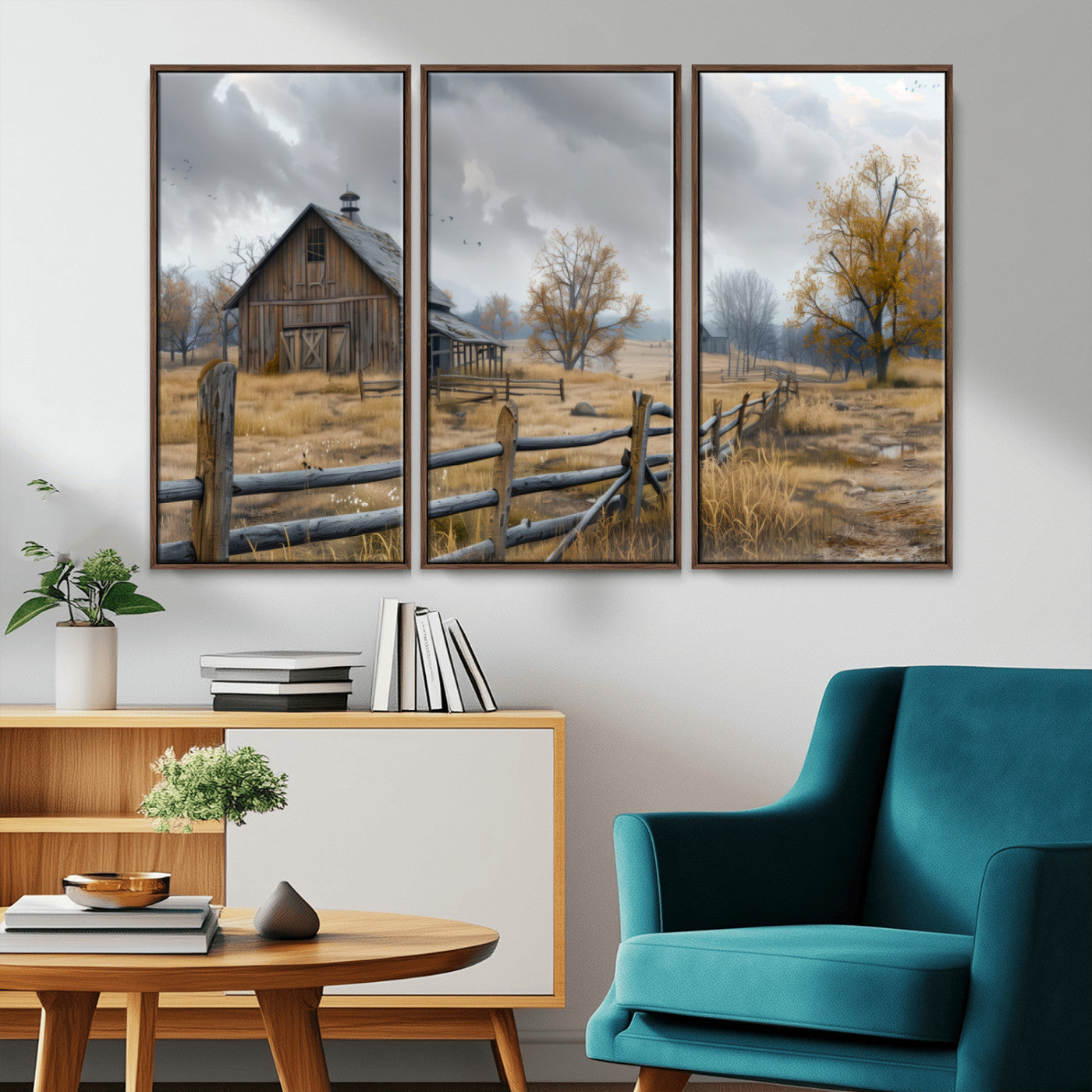 Farm1-MGV-CV-36X24-Rustic Autumn Farmhouse Wall Art – Serene Countryside Scene Canvas Print, Weathered Barn and Autumn Trees Decor for Living Room,