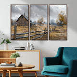 Farm1-MGV-CV-36X24-Rustic Autumn Farmhouse Wall Art – Serene Countryside Scene Canvas Print, Weathered Barn and Autumn Trees Decor for Living Room,