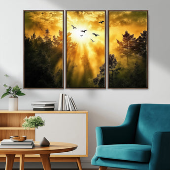 13776802-MGV-CV-36X24-Golden Forest Wall Art Canvas Print, Framed Sunset Pines Art Picture Print, Flying Birds Perfect Nature Glow Decor Artwork