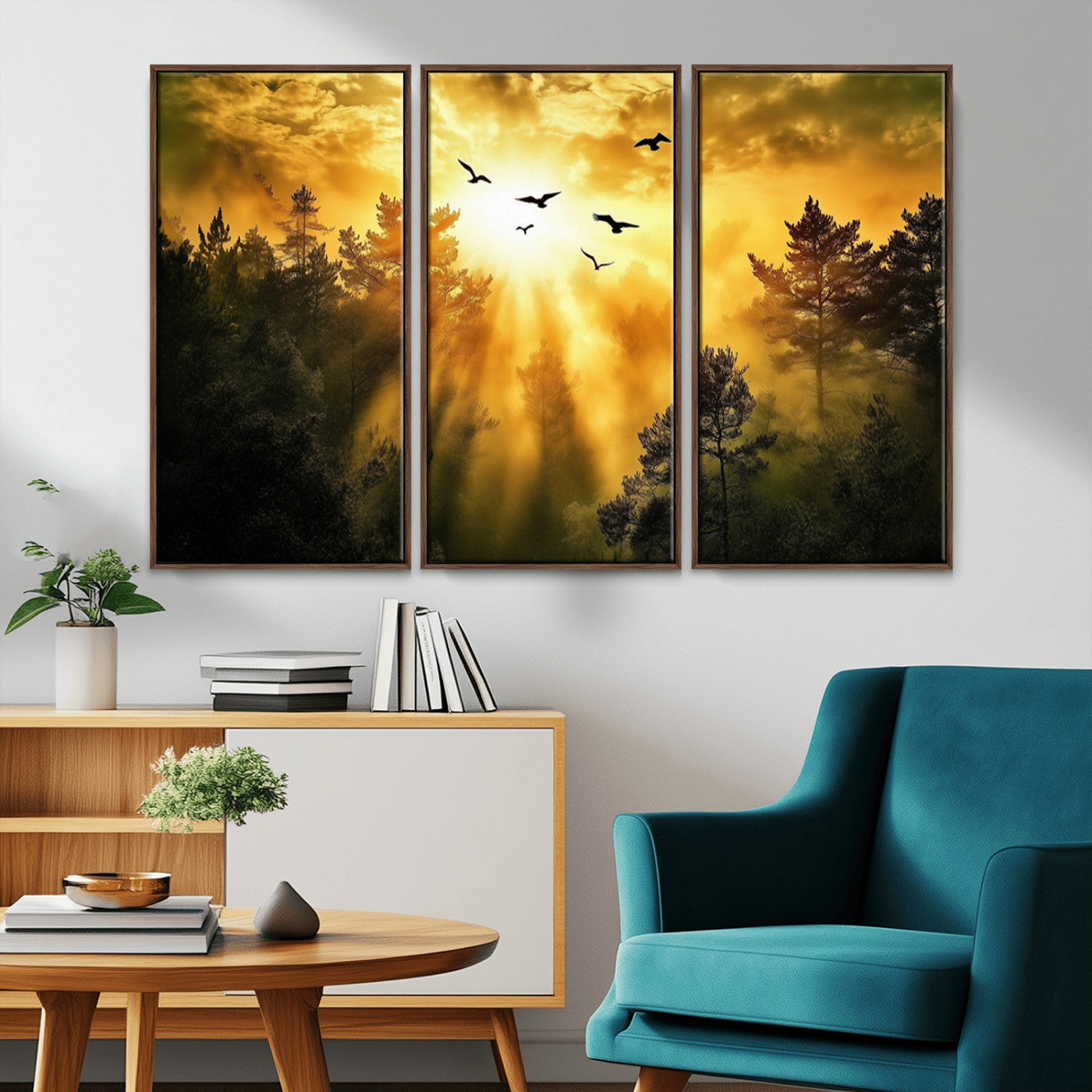 13776802-MGV-CV-36X24-Golden Forest Wall Art Canvas Print, Framed Sunset Pines Art Picture Print, Flying Birds Perfect Nature Glow Decor Artwork