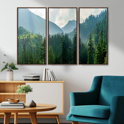 83417191-MGV-FC-48X32-3P_Walnut-Misty Mountain Forest Wall Art – Pine Tree Landscape Canvas Print, Nature Photography Panorama, Tranquil Green Forest Décor for