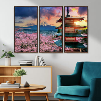 32331262-MGV-CV-36X24-Mount Fuji Japan Wall Art – Cherry Blossom Landscape Canvas Print, Chureito Pagoda Sunset Photography, Japanese Nature Travel