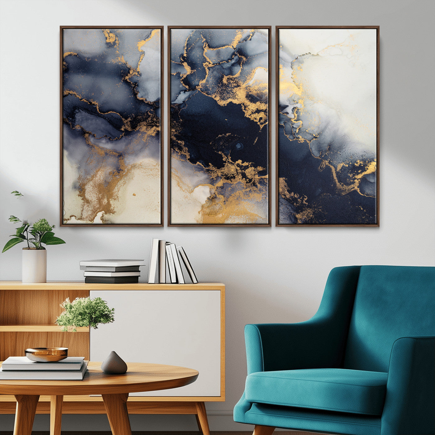 41136487-MGV-FC-48X32-3P_Walnut-Black Marble Wall Art Canvas Print, Framed Gold Veins Art Picture Print, Abstract Texture Perfect Moody Luxe Decor Artwork