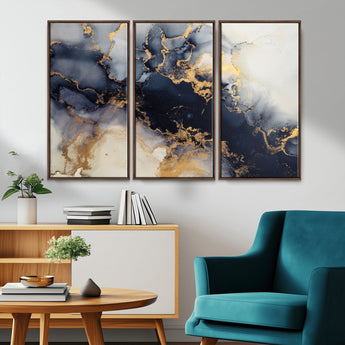 41136487-MGV-FC-48X32-3P_Walnut-Black Marble Wall Art Canvas Print, Framed Gold Veins Art Picture Print, Abstract Texture Perfect Moody Luxe Decor Artwork