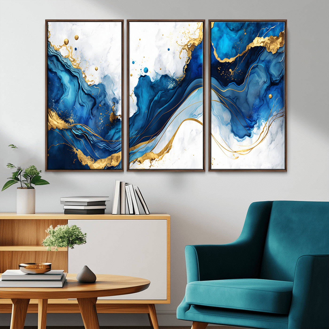 33506371-MGV-CV-36X24-Blue Marble Wall Art Canvas Print, Framed Gold Splash Art Picture Print, Abstract Wave Perfect Modern Luxe Decor Artwork