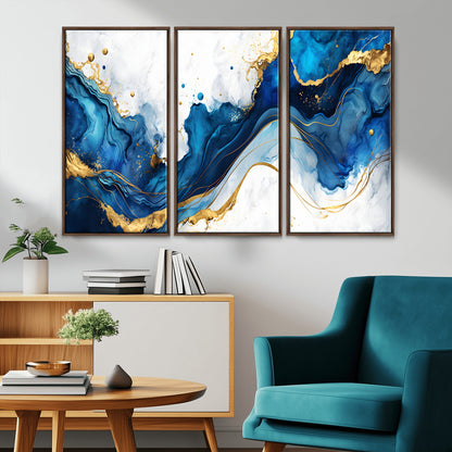 33506371-MGV-CV-36X24-Blue Marble Wall Art Canvas Print, Framed Gold Splash Art Picture Print, Abstract Wave Perfect Modern Luxe Decor Artwork