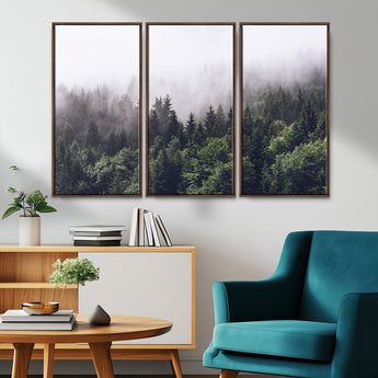 62890402-MGV-CV-36X24-Misty Forest Wall Art Canvas Print, Framed Foggy Pines Art Picture Print, Pine Valley Perfect Moody Woodland Decor Artwork