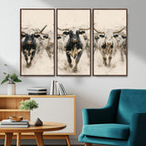 61538944-MGV-CV-36X24-Texas Longhorn Wall Art Canvas Print, Framed Cattles Walking Art Picture Print, Black White Bulls Perfect Rustic Western Decor