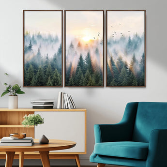 92718976-MGV-CV-36X24-Misty Forest Wall Art Canvas Print, Framed Sunrise Pines Art Picture Print, Foggy Woodland Perfect Moody Woodland Decor Artwork