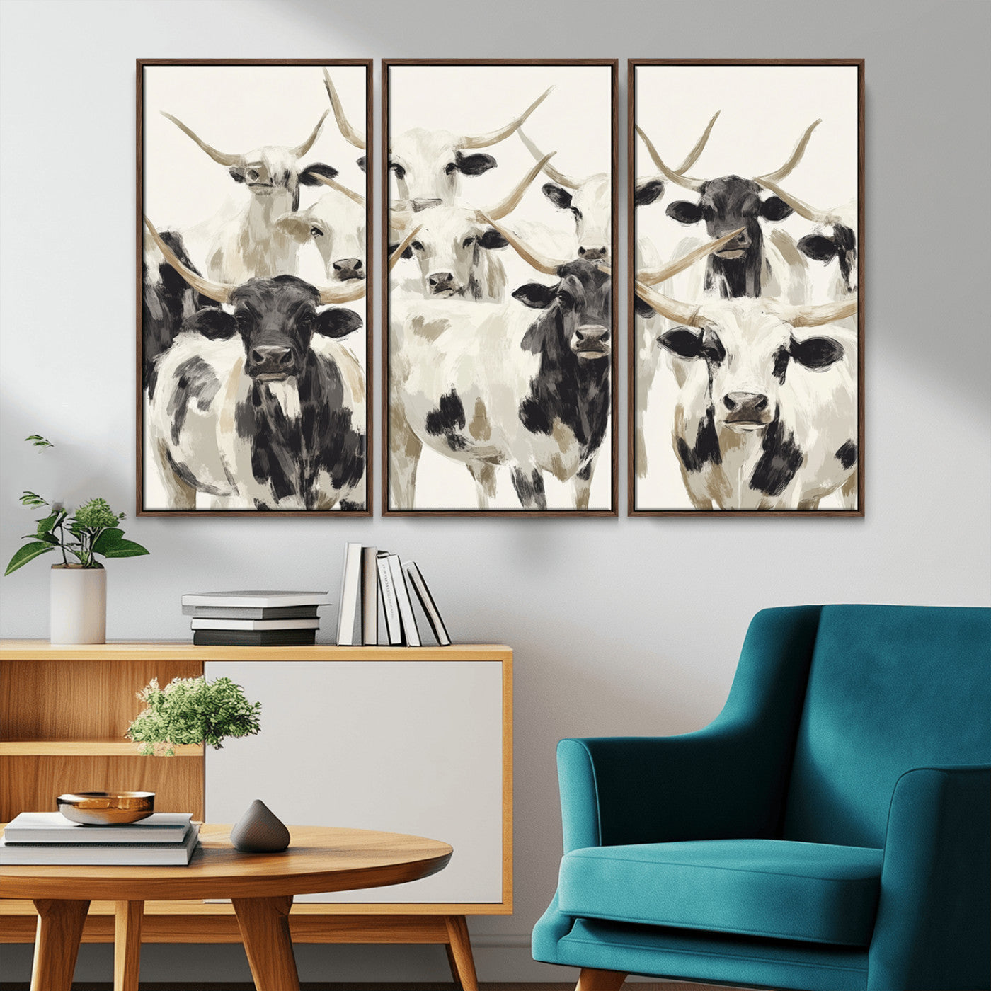52947970-MGV-CV-36X24-Texas Longhorn Wall Art Canvas Print, Framed Cattle Herd Art Picture Print, Herd Portrait Perfect Modern Farmhouse Decor Artwork