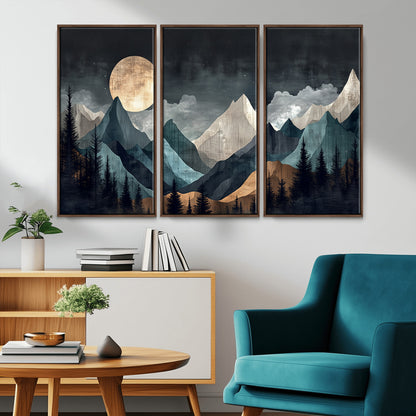 11060882-MGV-CV-36X24-Moonlit Mountains Wall Art Canvas Print, Framed Forest Silhouette Art Picture Print, Night Landscape Perfect Modern Forest Decor