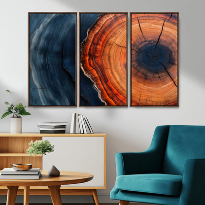 57732250-MGV-FC-48X32-3P_Walnut-Tree Ring Abstract Wall Art – Blue Orange Wood Grain Canvas Print, Modern Rustic Nature Artwork for Living Room, Office,