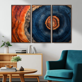 72209152-MGV-CV-36X24-Abstract Tree Ring Wall Art – Vibrant Blue Orange Wood Grain Canvas Print, Rustic Modern Nature Artwork for Living Room, Office,