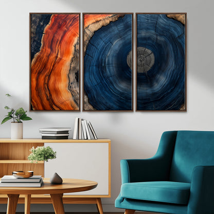99491700-MGV-CV-36X24-Tree Ring Canvas Wall Art – Blue Orange Abstract Wood Grain Print, Rustic Modern Nature Artwork for Living Room, Office, Bedroom
