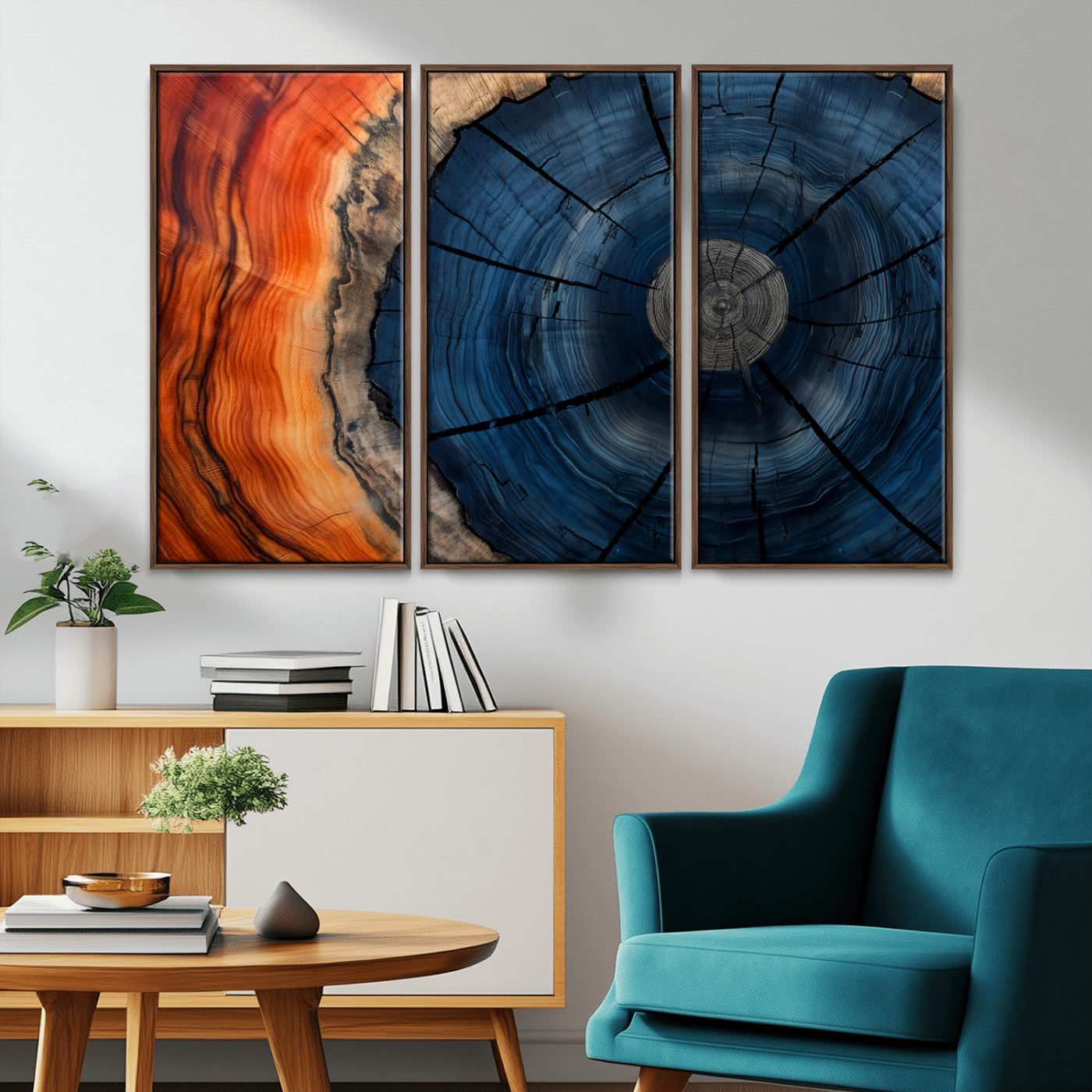 26110607-MGV-CV-36X24-Blue and Orange Tree Ring Wall Art – Abstract Wood Cross Section Canvas Print, Modern Rustic Nature Decor for Living Room, Office,