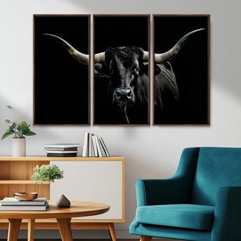 37531960-MGV-CV-36X24-Black Longhorn Bull Wall Art – Dramatic Western Cattle Canvas Print, Rustic Farmhouse Animal Artwork for Living Room, Bedroom,