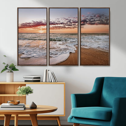 39846389-MGV-CV-36X24-Ocean Sunset Wall Art Canvas Print, Framed Sandy Shore Art Picture Print, Gentle Waves Perfect Minimalist Coastal Decor Artwork