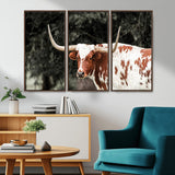 54027638-MGV-CV-36X24-Texas Longhorn Wall Art Canvas Print, Framed Spotted Cow Art Picture Print, Horned Bull Perfect Rustic Western Decor Artwork