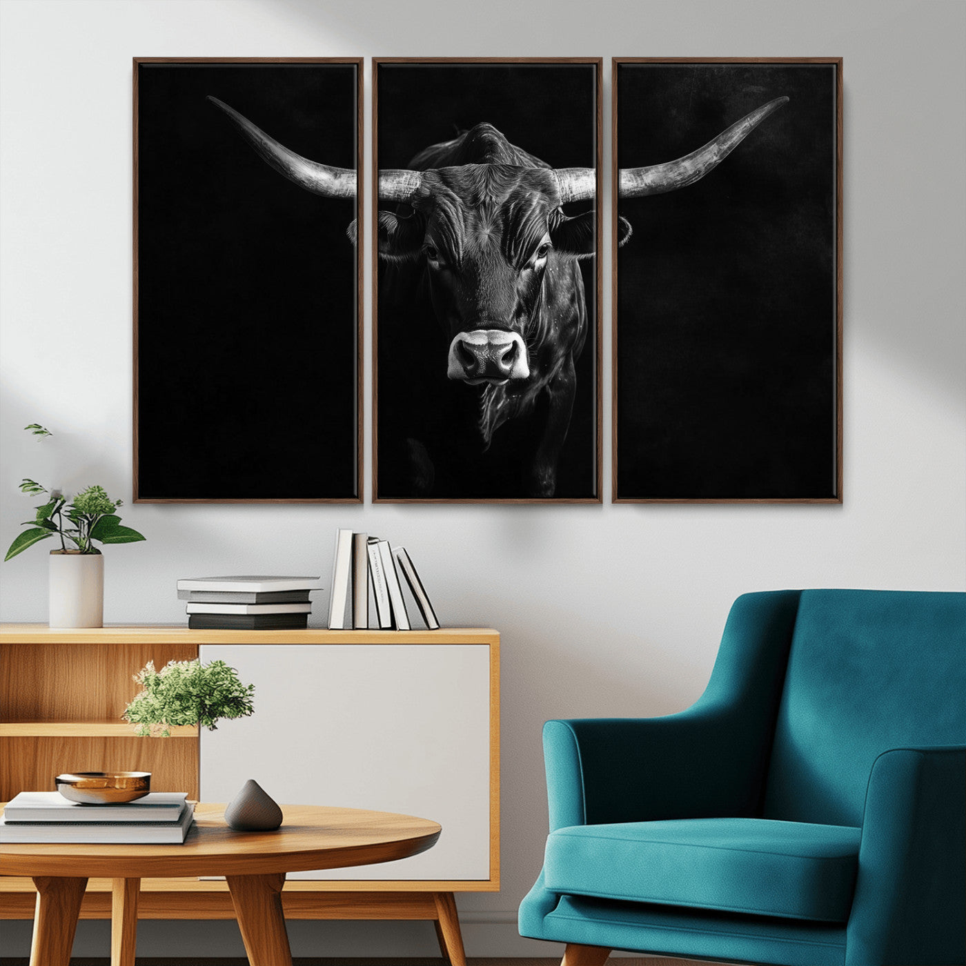42077175-MGV-FC-48X32-3P_Walnut-Texas Longhorn Wall Art Canvas Print, Framed Monochrome Bull Art Picture Print, Horned Bull Perfect Rustic Western Decor Artwork