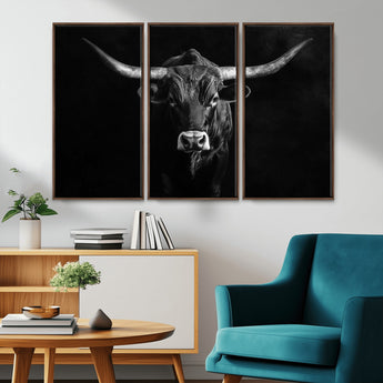 42077175-MGV-FC-48X32-3P_Walnut-Texas Longhorn Wall Art Canvas Print, Framed Monochrome Bull Art Picture Print, Horned Bull Perfect Rustic Western Decor Artwork
