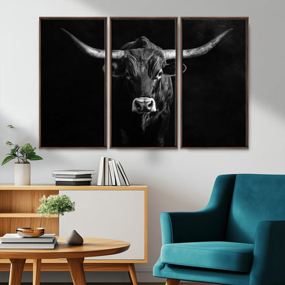 42077175-MGV-FC-48X32-3P_Walnut-Texas Longhorn Wall Art Canvas Print, Framed Monochrome Bull Art Picture Print, Horned Bull Perfect Rustic Western Decor Artwork