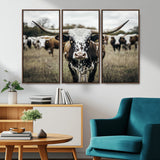 79025945-MGV-FC-48X32-3P_Walnut-Texas Longhorn Wall Art Canvas Print, Framed Speckled Cow Art Picture Print, Horned Cattle Perfect Rustic Western Decor Artwork