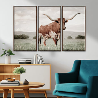 28309012-MGV-CV-36X24-Texas Longhorn Wall Art Canvas Print, Framed Spotted Cattle Art Picture Print, Horned Bull Perfect Rustic Western Decor Artwork