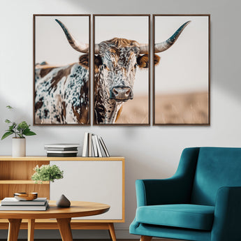 70414966-MGV-CV-36X24-Texas Longhorn Wall Art Canvas Print, Framed Speckled Cow Art Picture Print, Horned Bull Perfect Rustic Western Decor Artwork