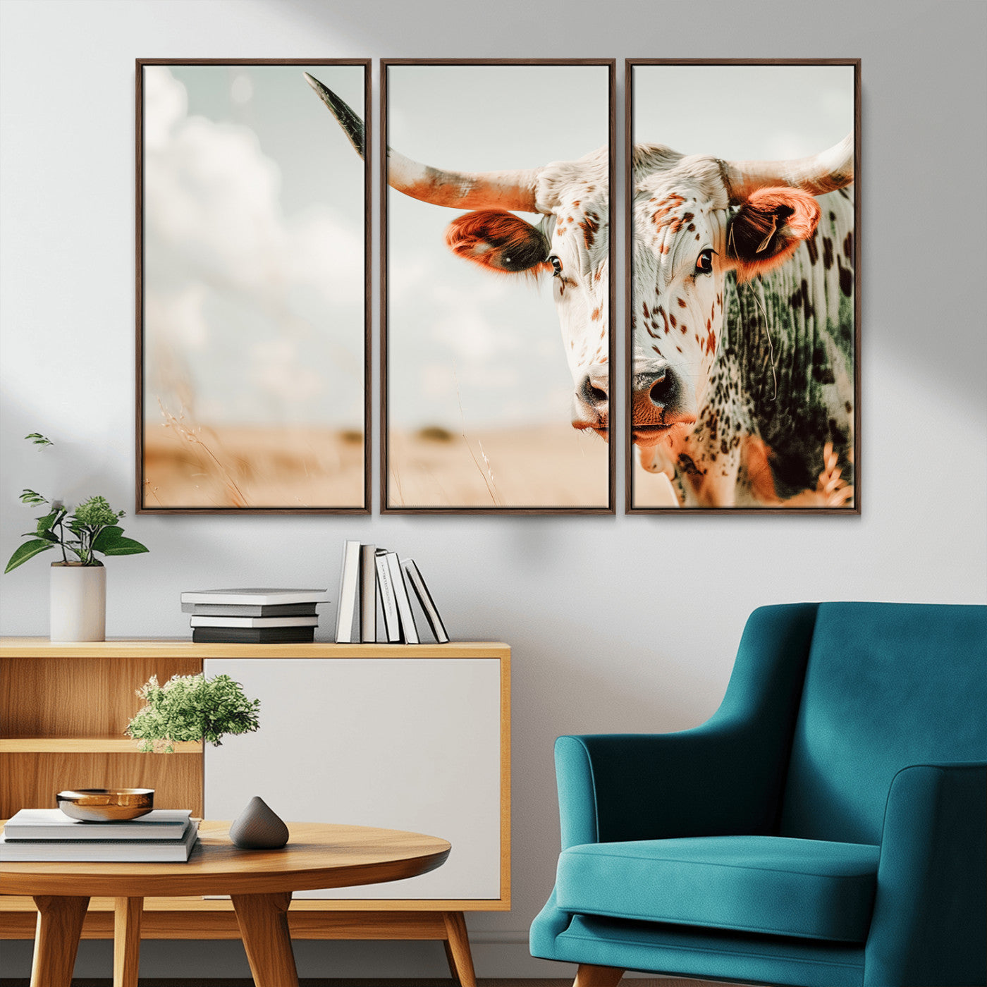 72766375-MGV-CV-36X24-Texas Longhorn Wall Art Canvas Print, Framed Spotted Cow Art Picture Print, Horned Cattle Perfect Rustic Western Decor Artwork