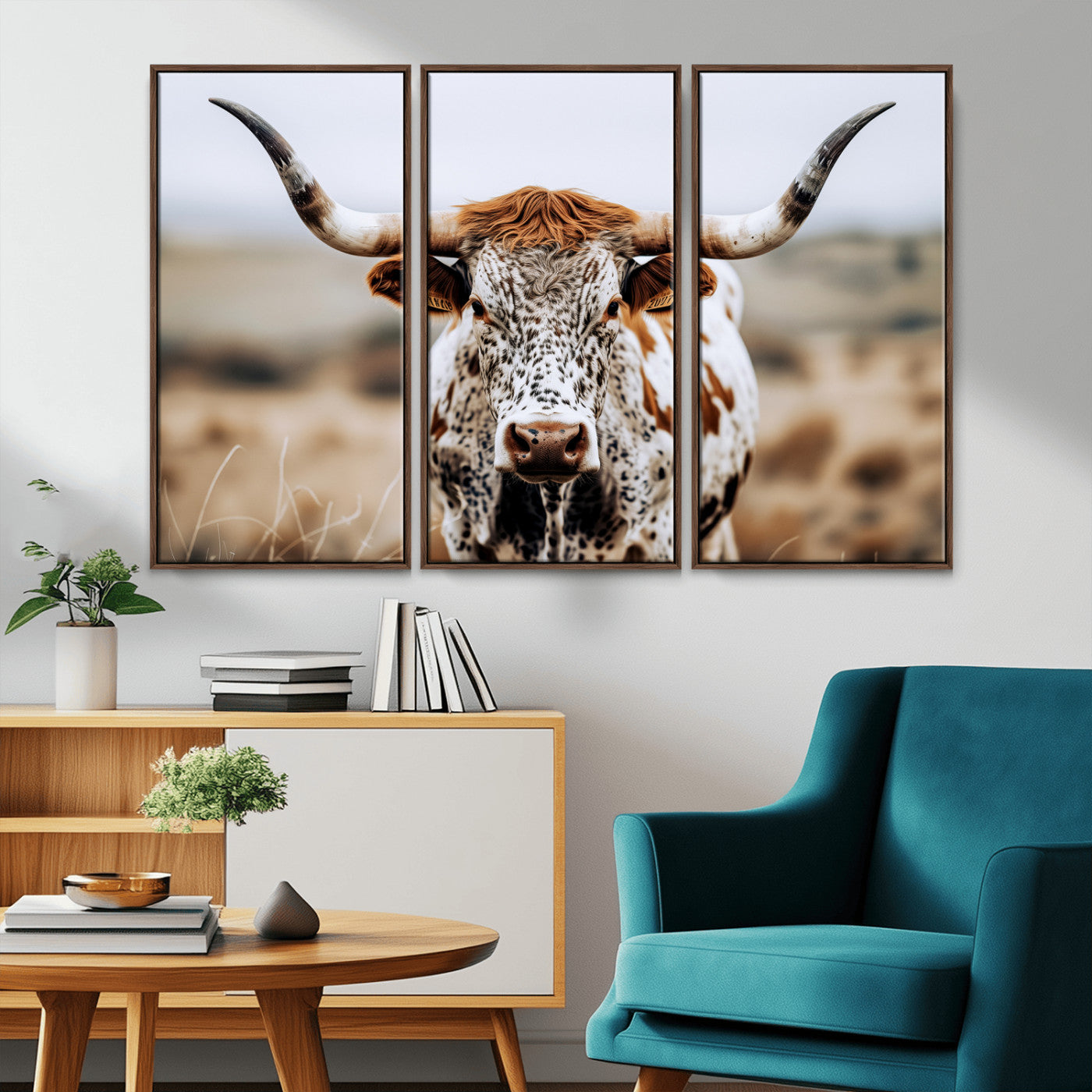 76294381-MGV-CV-36X24-Texas Longhorn Wall Art Canvas Print, Framed Spotted Cow Art Picture Print, Horned Cattle Perfect Rustic Western Decor Artwork