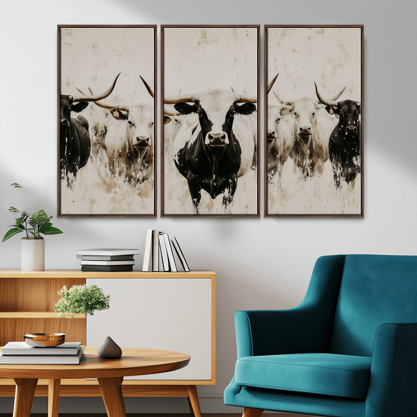 12027562-MGV-CV-36X24-Longhorn Cattle Wall Art Canvas Print, Framed Bison Herd Art Picture Print, Cattle Group Perfect Rustic Farmhouse Decor Artwork