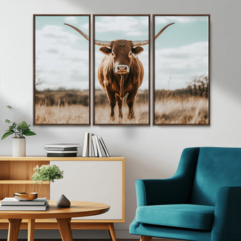39350715-MGV-CV-36X24-Texas Longhorn Wall Art Canvas Print, Framed Longhorn Cow Art Picture Print, Western Cattle Perfect Rustic Western Decor Artwork