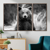 MGV-FC-48X32-3P - Grizzly Bear Wall Art Canvas Print, Framed Black White Bear Art Picture Print, Wild Bear Perfect Rustic Wildlife Decor Artwork