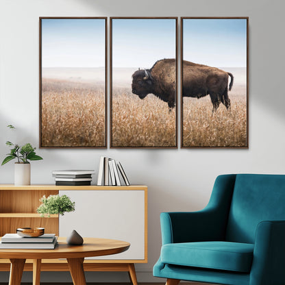 91267849-MGV-FC-48X32-3P_Walnut-Wild Bison Wall Art Canvas Print, Framed Bison in Prairie Art Picture Print, Rustic Western Perfect Rustic Western Decor Artwork