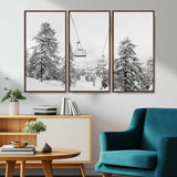 55003599-MGV-CV-36X24-Snowy Ski Lift Wall Art Canvas Print, Framed Winter Forest Art Picture Print, Ski lift Ride Perfect Winter Lodge Decor Artwork