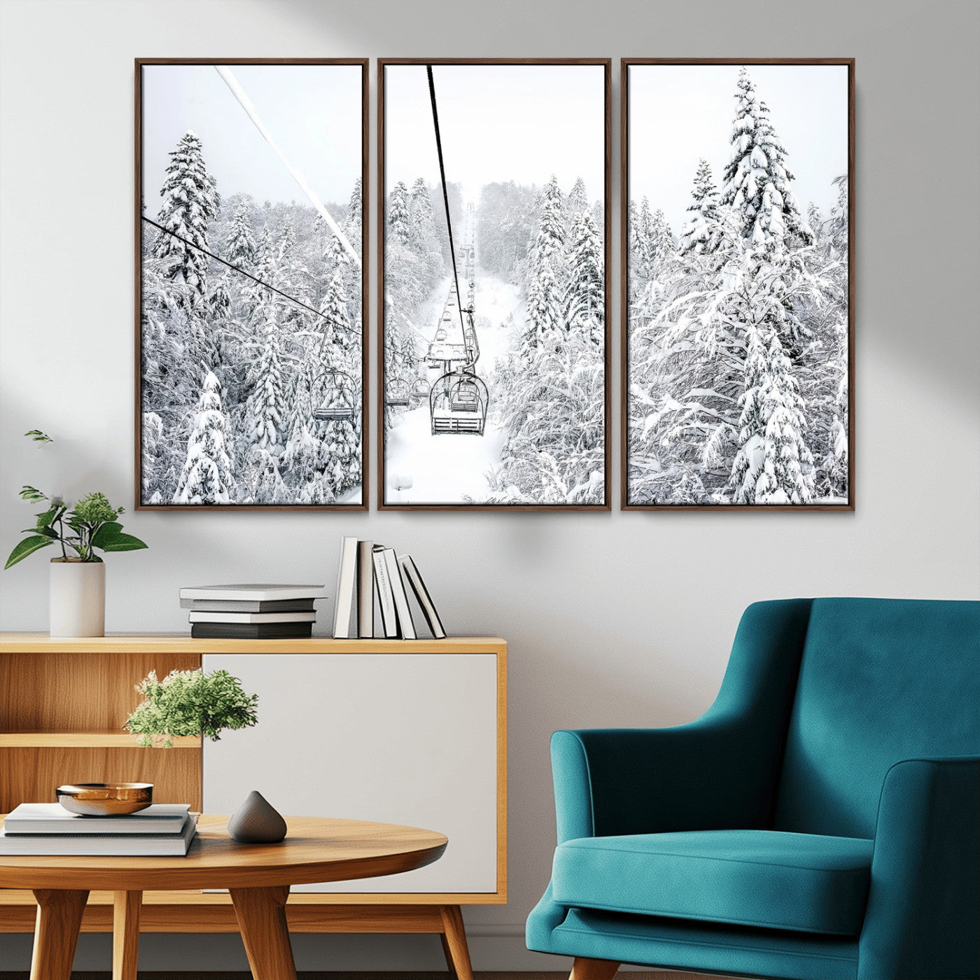 60296839-MGV-CV-36X24-Snowy Mountains Wall Art Canvas Print, Framed Ski Lift Art Picture Print, Winter Forest Perfect Winter Minimalist Decor Artwork
