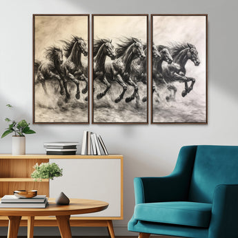56089591-MGV-CV-36X24-Galloping Horses Wall Art Canvas Print, Framed Wild Stallions Art Picture Print, Horse Herd Sketch Perfect Monochrome Dynamic
