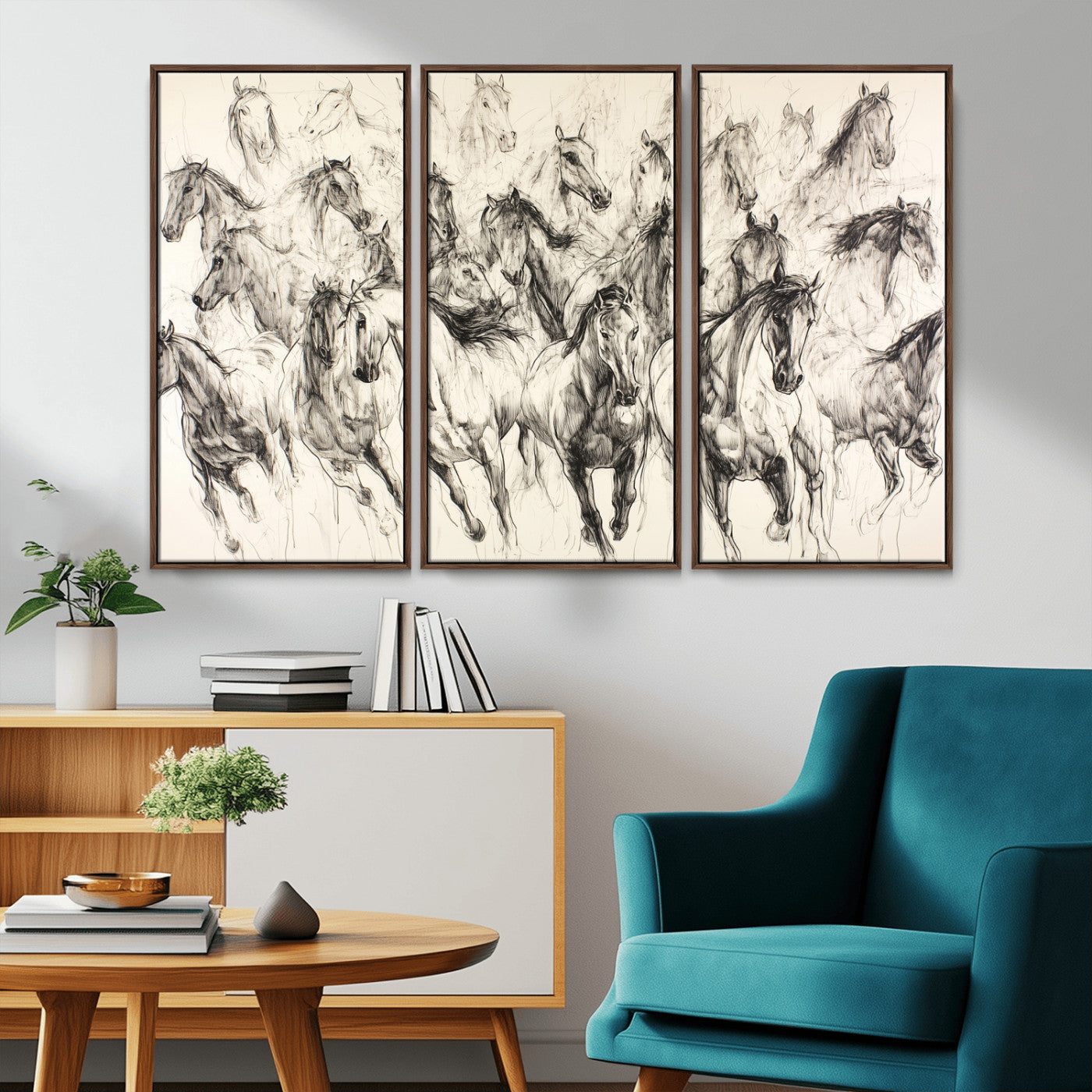 19433417-MGV-CV-36X24-Running Horses Wall Art Canvas Print, Framed Horse Sketch Art Picture Print, Galloping Herd Perfect Monochrome Western Decor