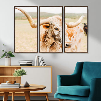 21060648-MGV-CV-36X24-Texas Longhorn Wall Art Canvas Print, Framed Speckled Cow Art Picture Print, Rustic Bull Perfect Rustic Western Decor Artwork