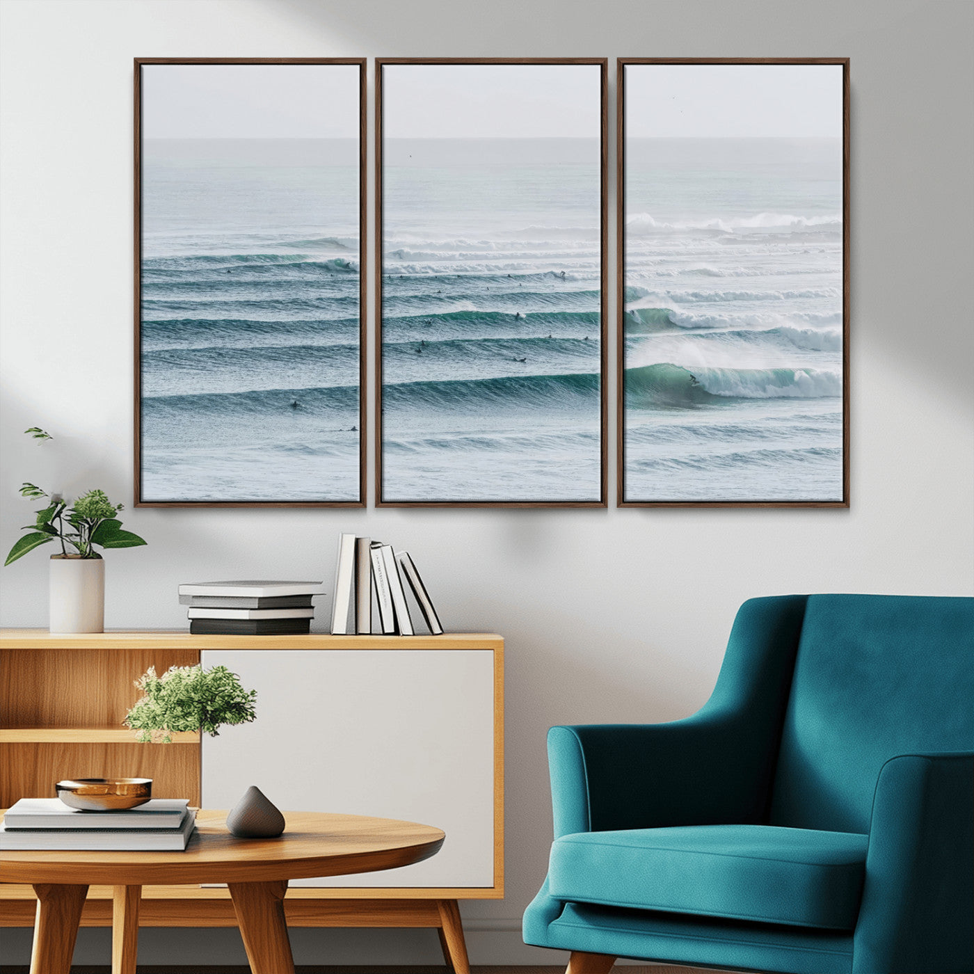 73969318-MGV-CV-36X24-Ocean Waves Wall Art Canvas Print, Framed Surfer Lineup Art Picture Print, Crowded Ocean Perfect Minimal Coastal Decor Artwork