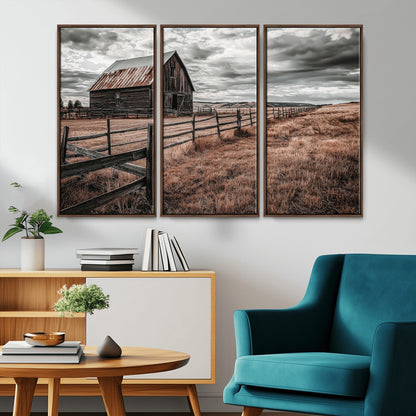 73898372-MGV-CV-36X24-Rustic Barn Wall Art Canvas Print, Framed Moody Field Art Picture Print, Weathered Fence Perfect Moody Farmhouse Decor Artwork