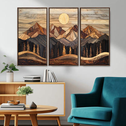 50100230-MGV-CV-36X24-Wooden Mountain Wall Art – Rustic Nature Landscape Canvas Print, Handmade Style Sun, Forest, and Peaks Artwork for Living Room,