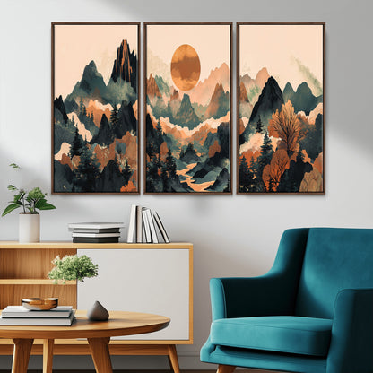 13012770-MGV-CV-36X24-Mountain Landscape Wall Art – Modern Nature Canvas Print with Sun, Misty Peaks, and Forest in Orange and Green Tones for Living