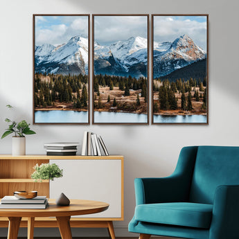 36247746-MGV-CV-36X24-Snowy Peaks Wall Art Canvas Print, Framed Alpine Lake Art Picture Print, Pine Forest Perfect Alpine Wilderness Decor Artwork