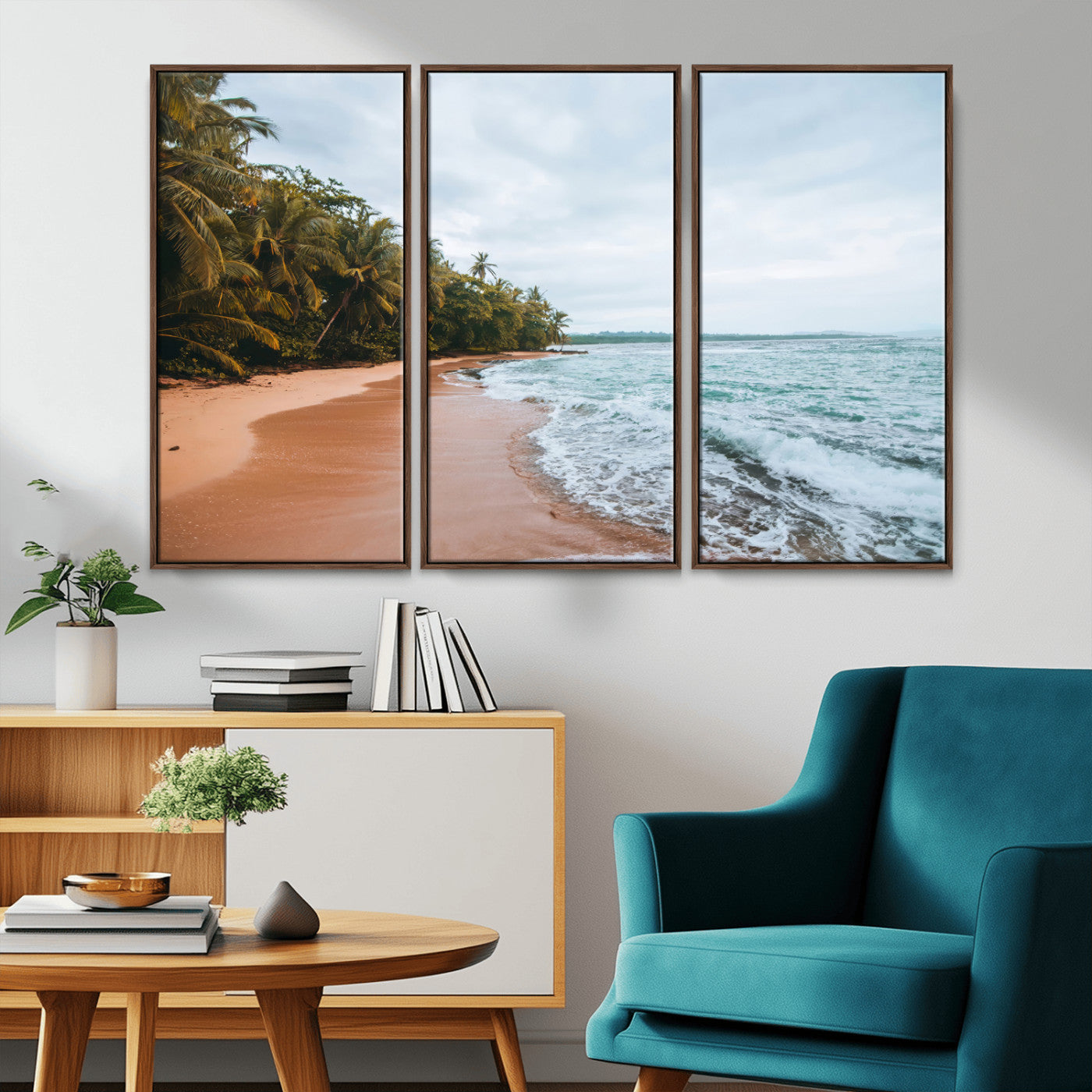 88125882-MGV-FC-48X32-3P_Walnut-Tropical Shoreline Wall Art Canvas Print, Framed Palm Trees Art Picture Print, Tropical Ocean Perfect Tropical Coastal Decor